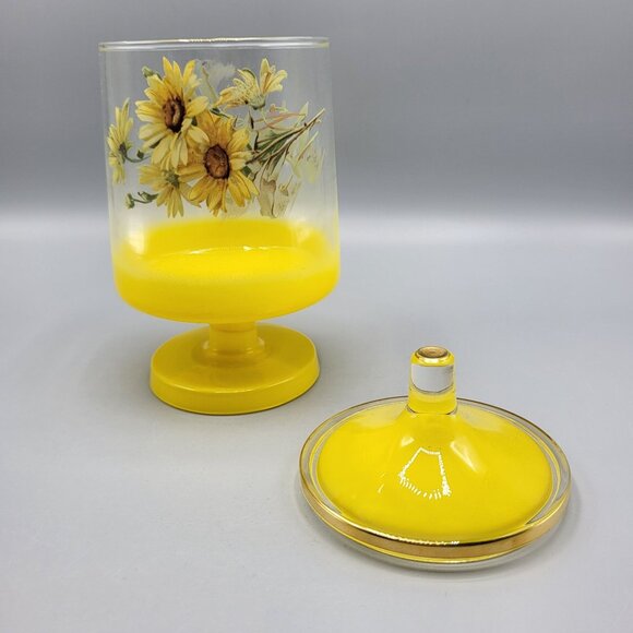 Vintage MCM Footed Glass Vanity Jar with Lid Yellow Floral Sunflower Home Decor - Picture 2 of 12